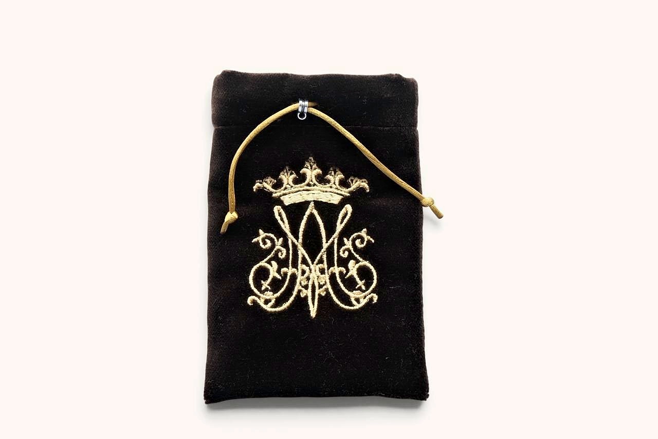 Crowned Marian Monogram Embroidered Velvet Rosary Bag