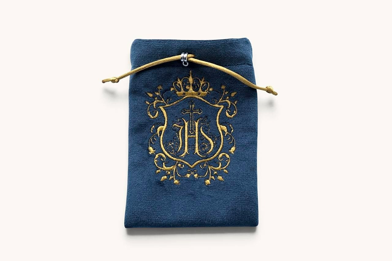 Crowned IHS Emblem Embroidered Velvet Rosary Bag